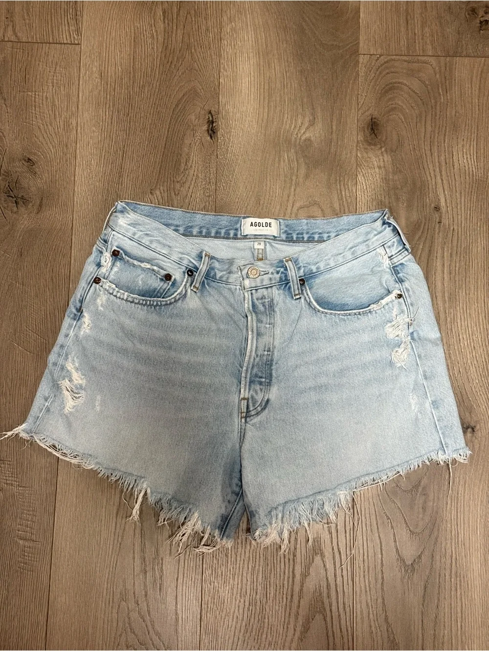 Agolde Light Wash Distressed Parker Long Denim Shorts Size 29